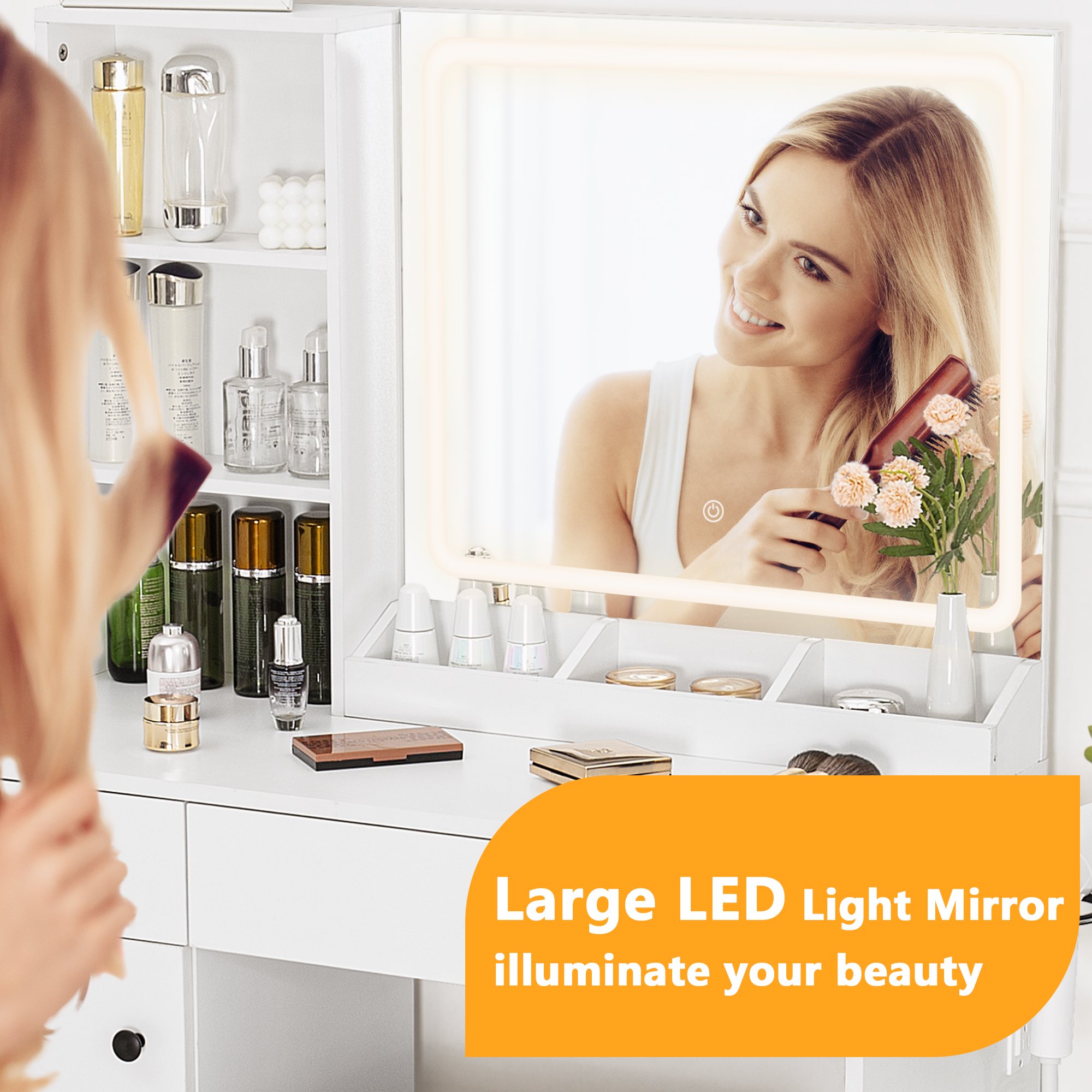 LHBcraft Vanity Desk Set with LED Lighted Mirror & Power Outlet