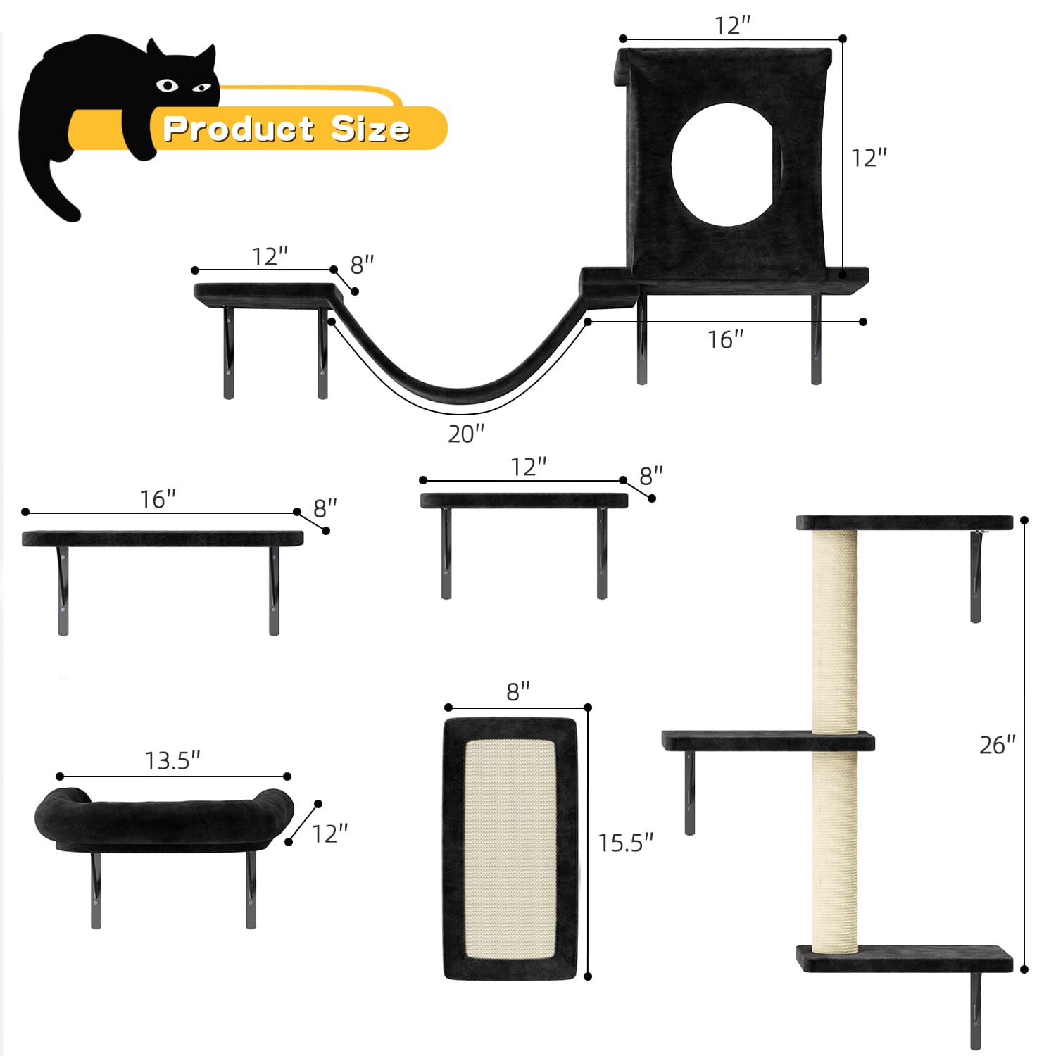 Space-saving vertical cat activity center with multiple platforms and cozy condo