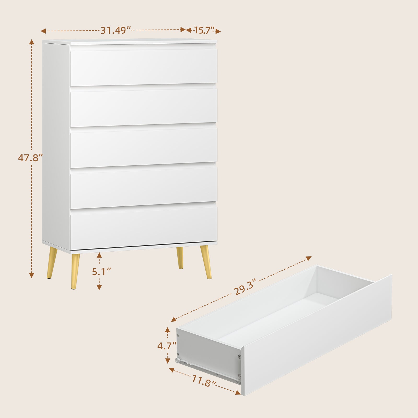 LHBcraft Dresser for Bedroom with 5 Drawers, White