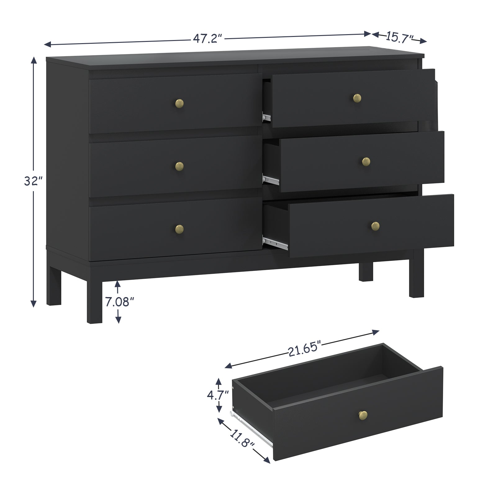 LHBcraft Black Dresser with 6 Drawers for Bedroom