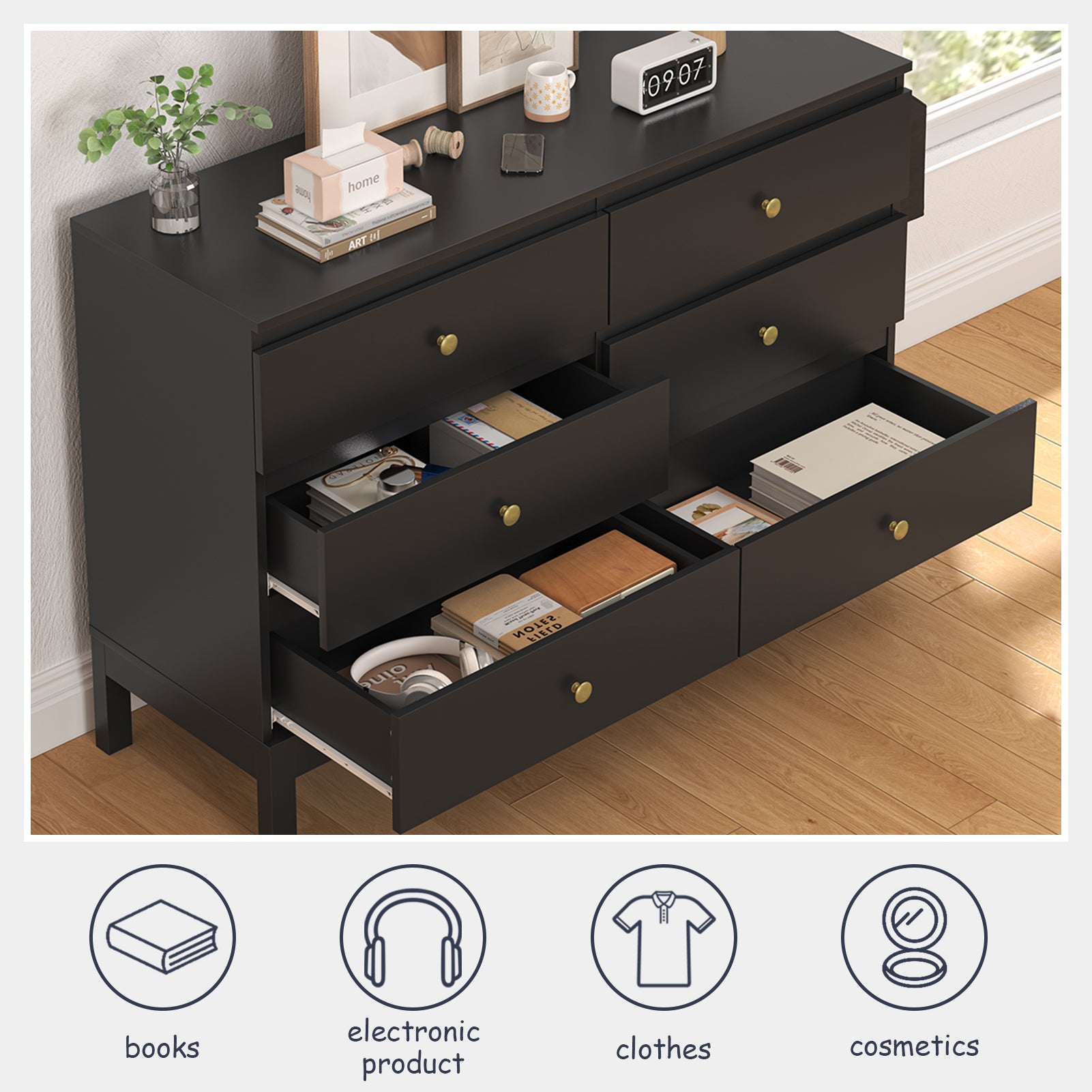 LHBcraft Black Dresser with 6 Drawers for Bedroom