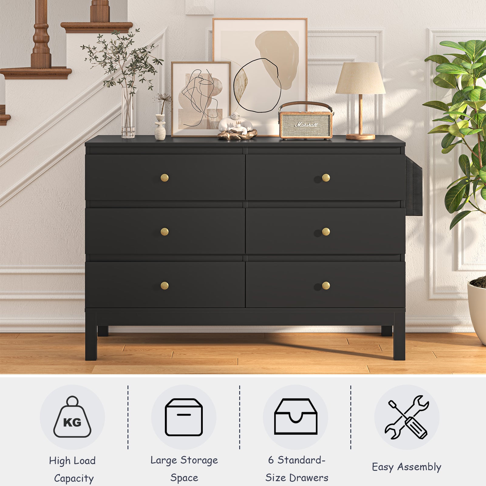 LHBcraft Black Dresser with 6 Drawers for Bedroom