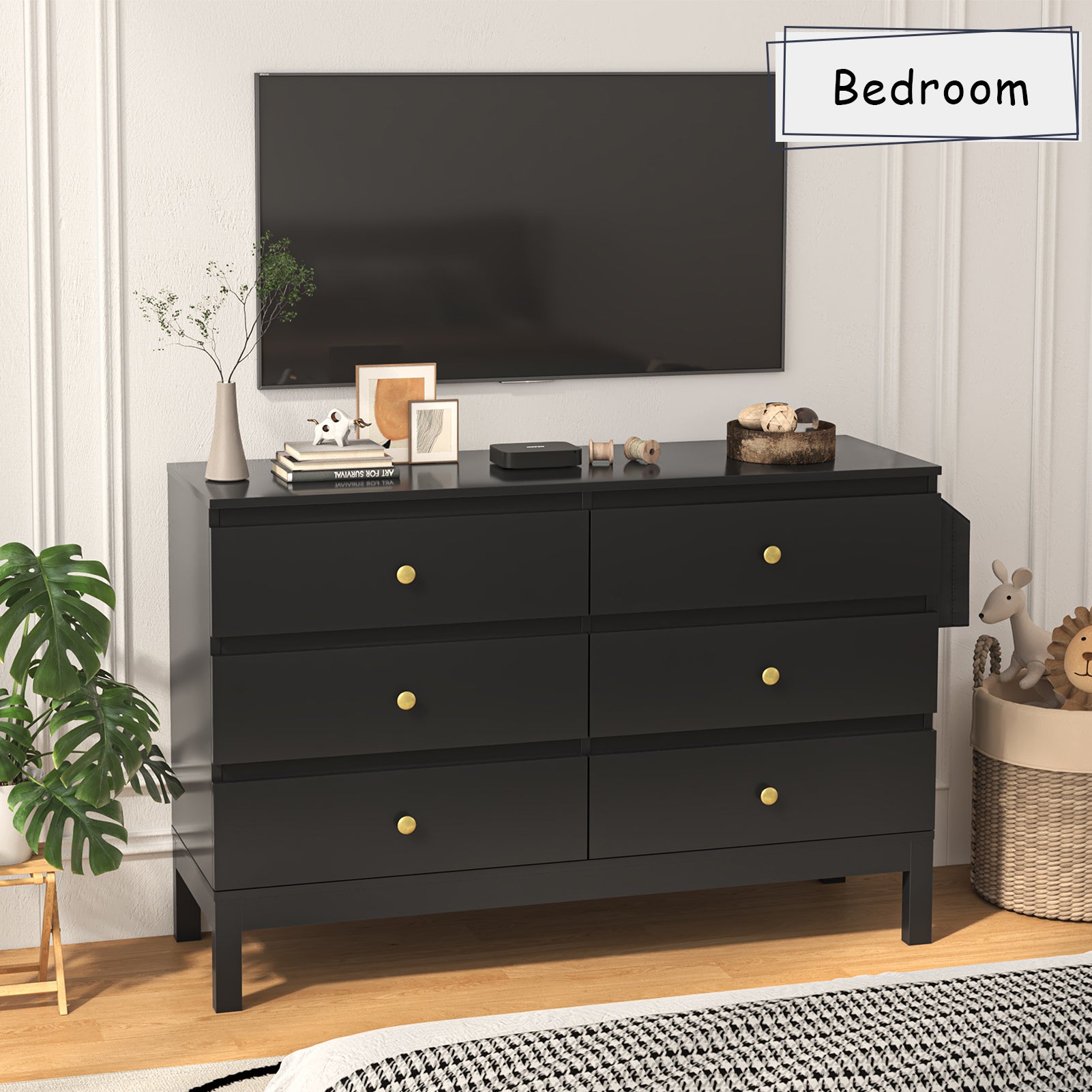 LHBcraft Black Dresser with 6 Drawers for Bedroom