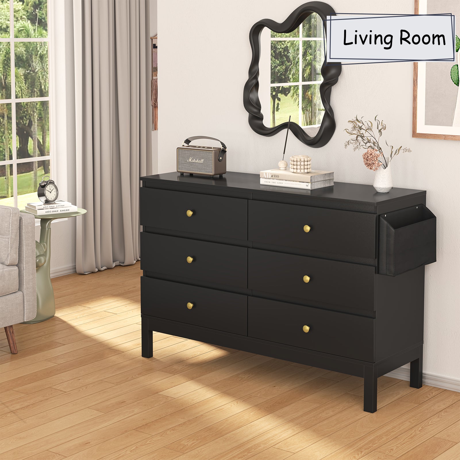 LHBcraft Black Dresser with 6 Drawers for Bedroom