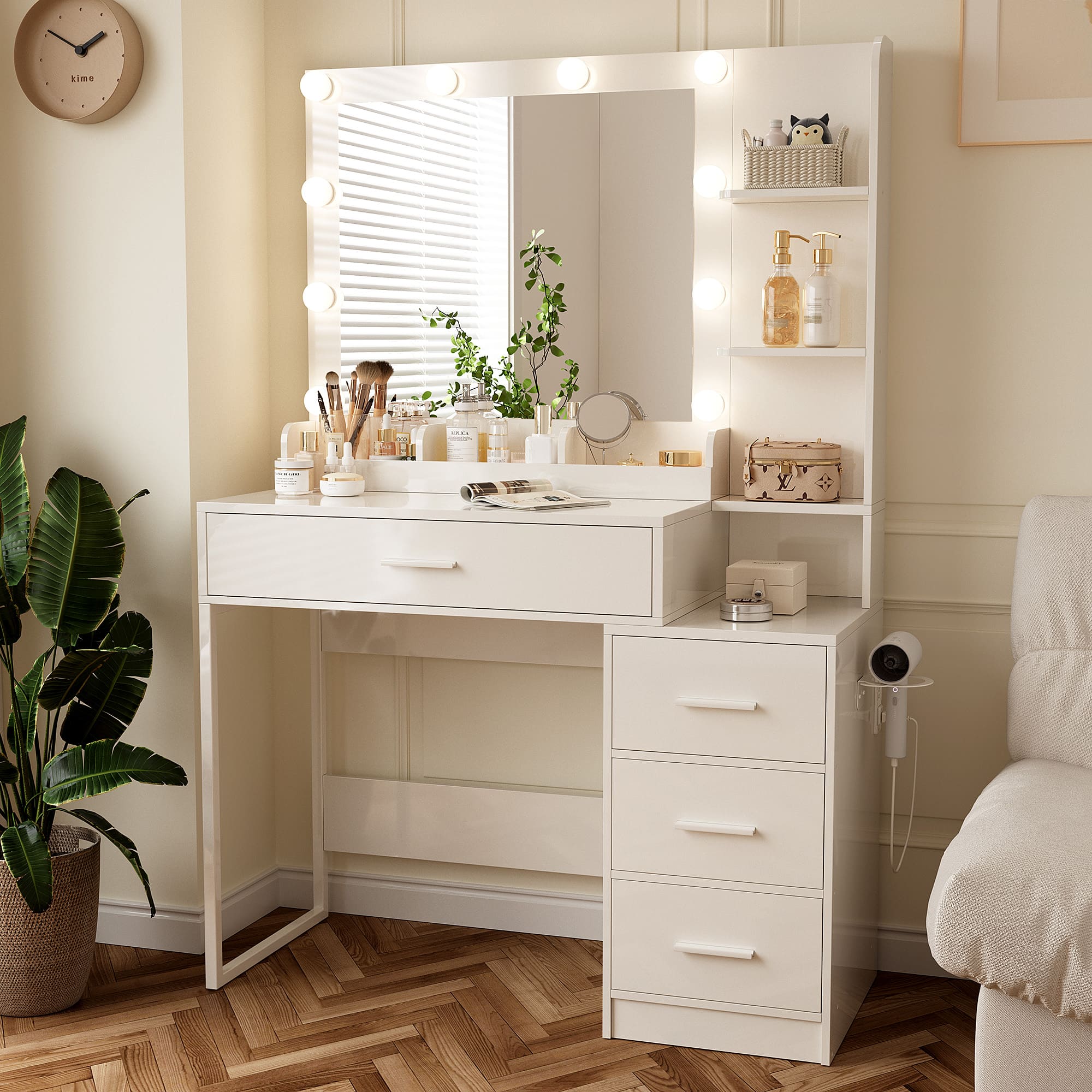 56.5" Makeup Vanity Desk with Mirror and Lights, Vanity Table Set with Charging Station, Makeup Vanity Desk with 4 Drawers and 3 Storage Shelves, 3 Lighting Colors