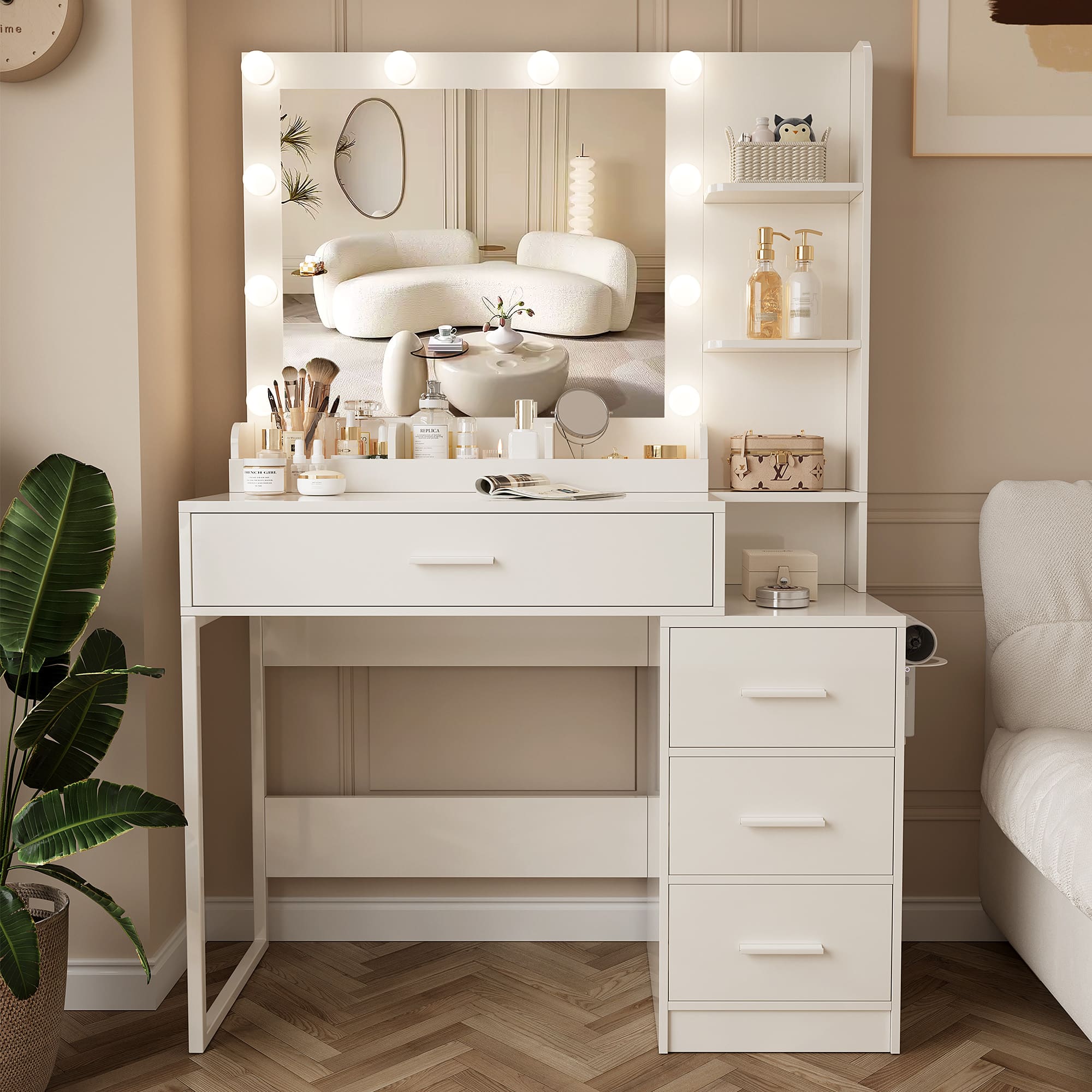 56.5" Makeup Vanity Desk with Mirror and Lights, Vanity Table Set with Charging Station, Makeup Vanity Desk with 4 Drawers and 3 Storage Shelves, 3 Lighting Colors