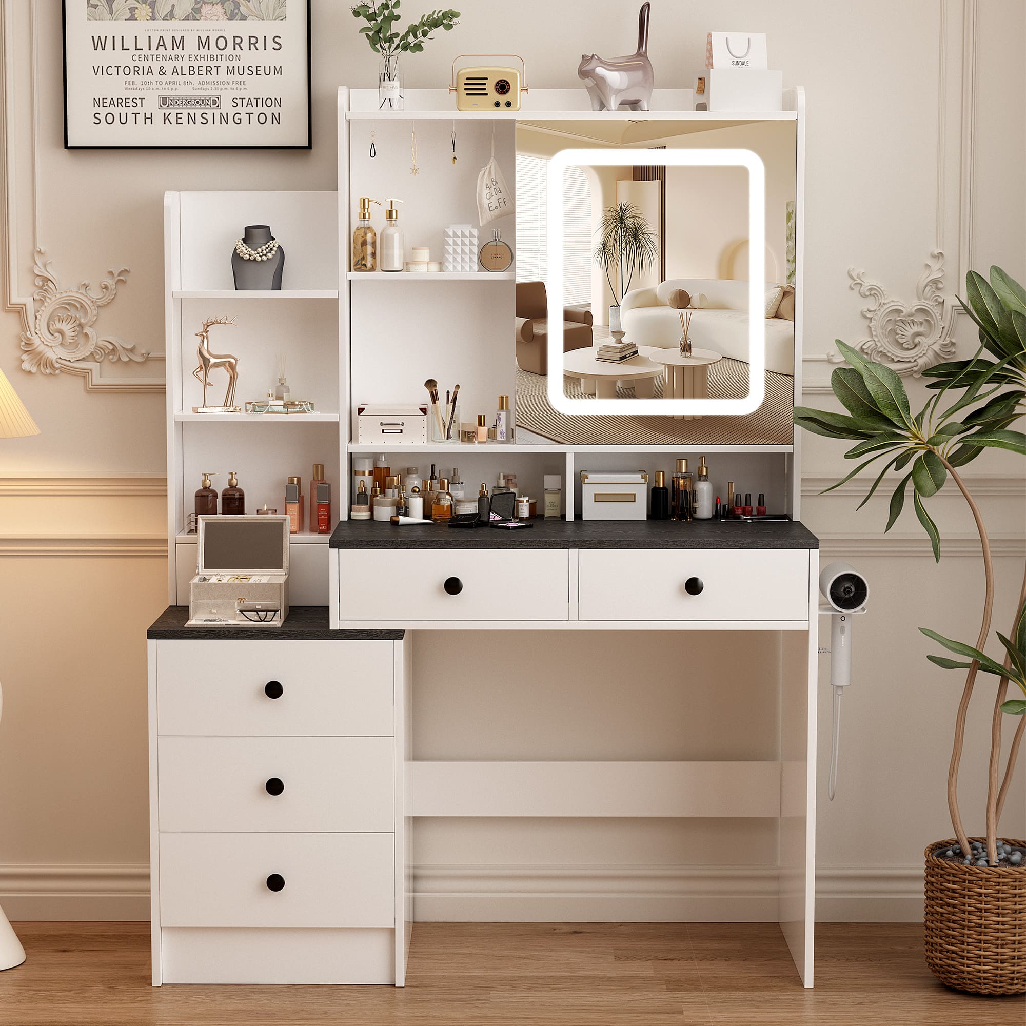 59.06" Tall Farmhouse Makeup Vanity Desk with Mirror and Lights, Vanity Table Set with Charging Station, Vanity Desk with 3 Drawers and 1 Big Cabinet for Bedroom Desk with 4 Drawers and 3 Storage Shelves, 3 Lighting Colors (Copy)