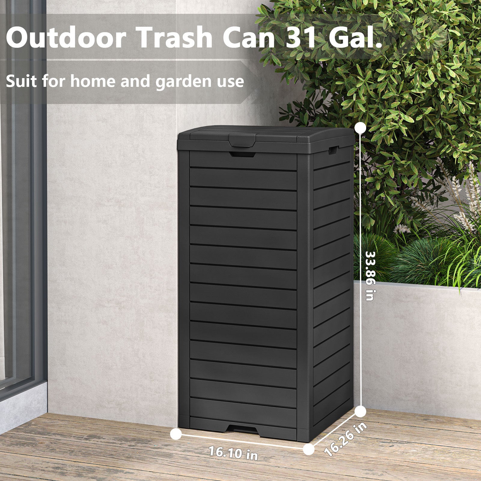 LHBcraft 31 Gallon Outdoor Trash Can, Black