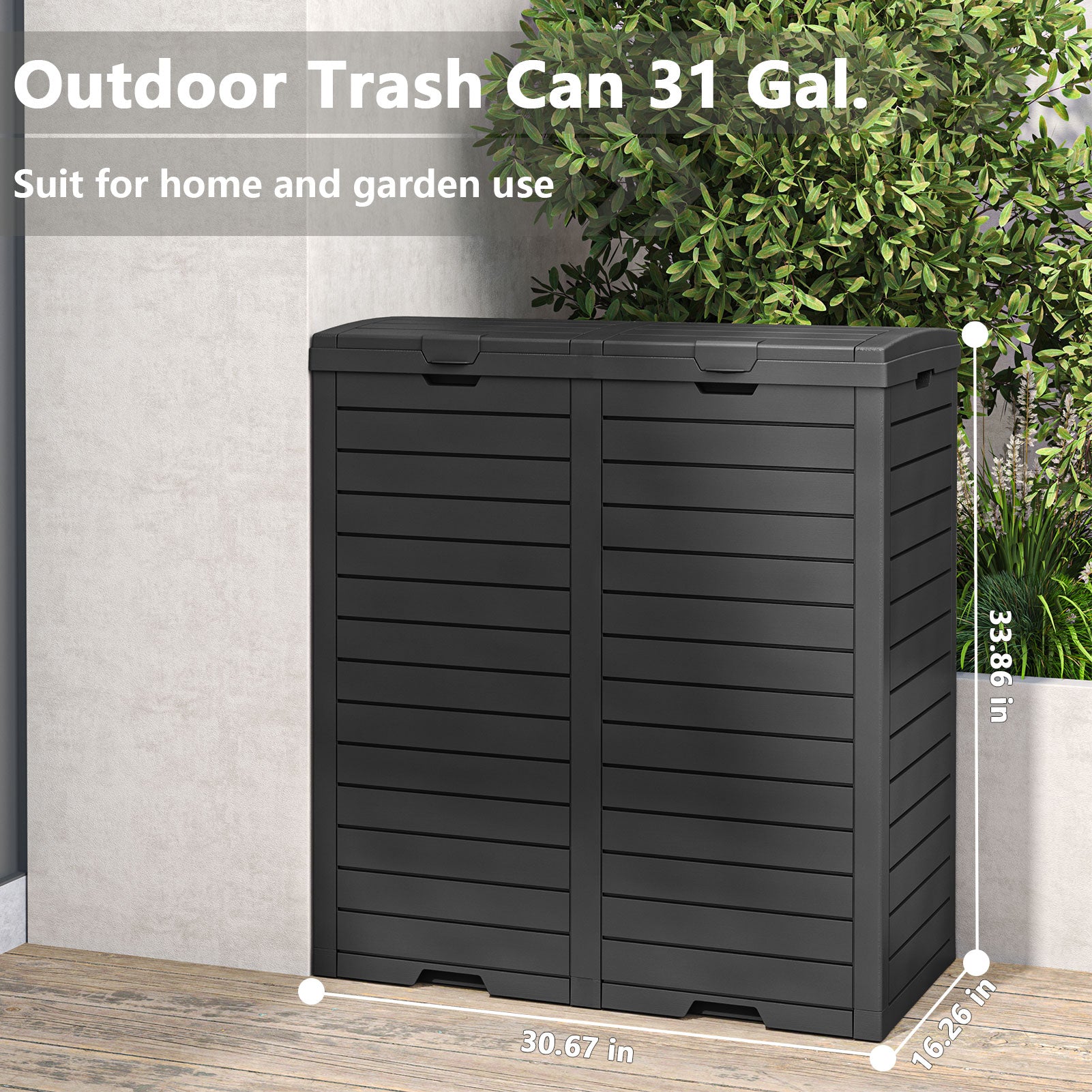 LHBcraft 62 Gallon Outdoor Trash Can, Black