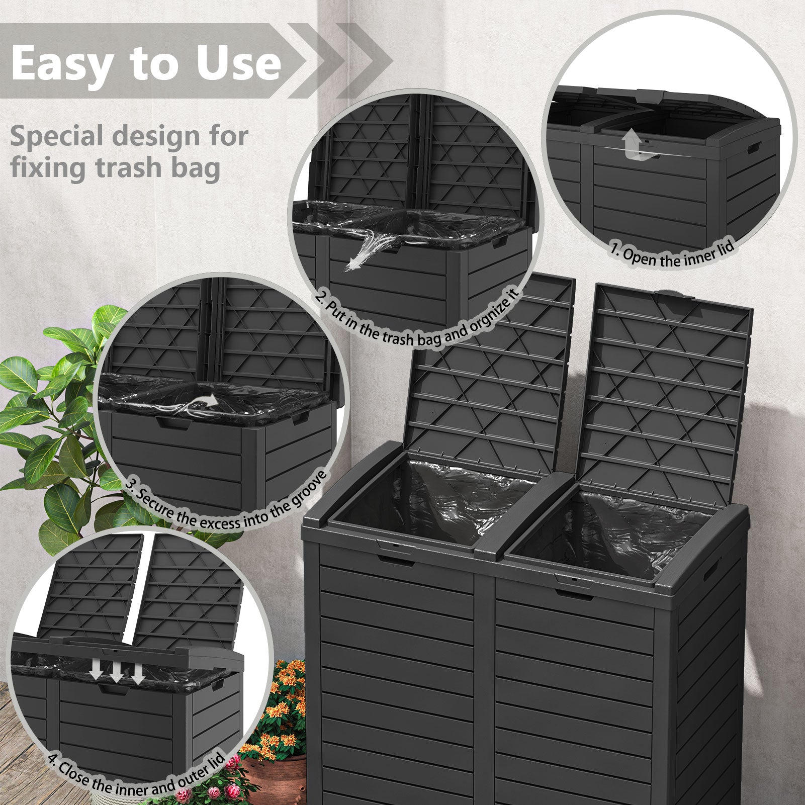 LHBcraft 62 Gallon Outdoor Trash Can, Black