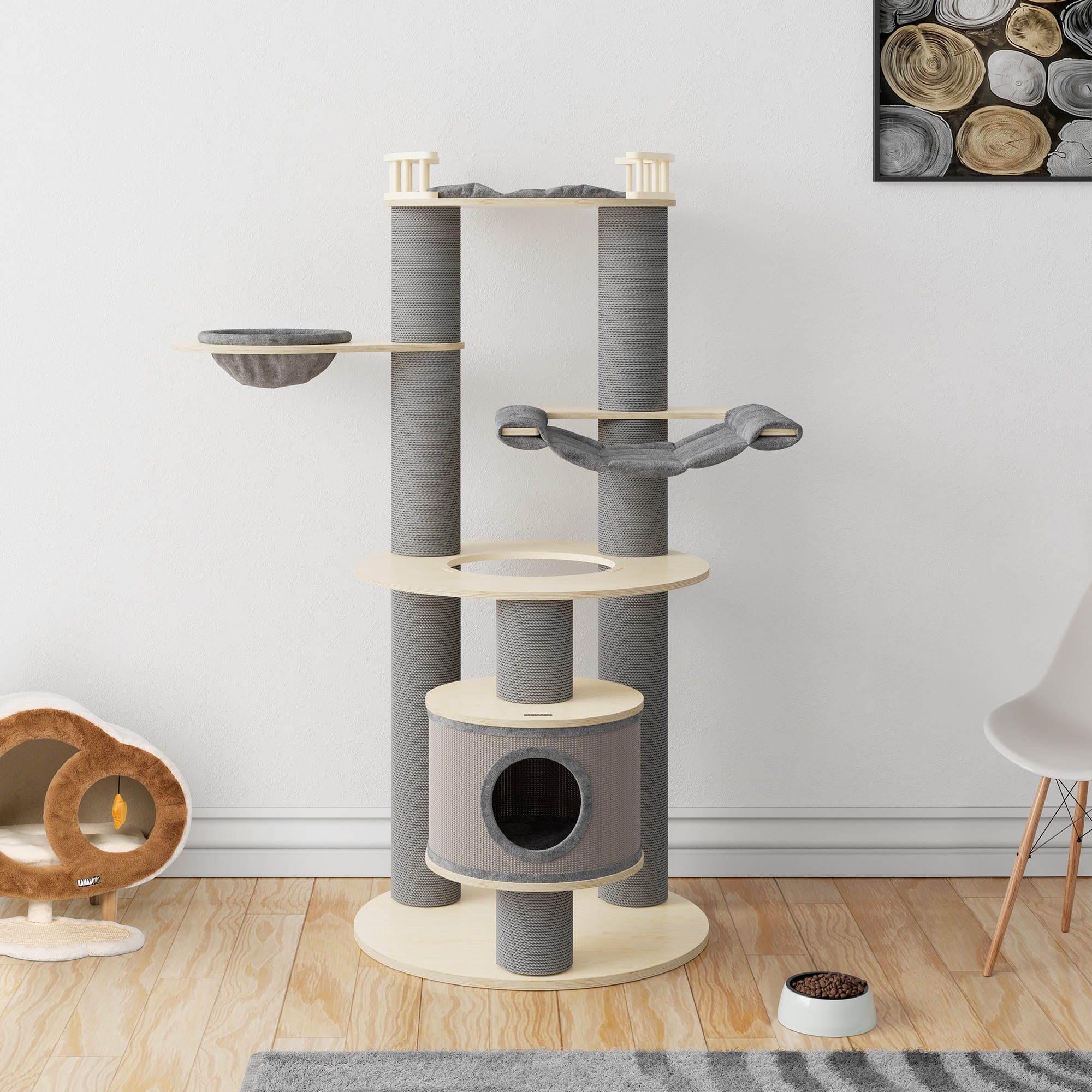 66-inch wooden cat tree with hammocks and multi-level condos