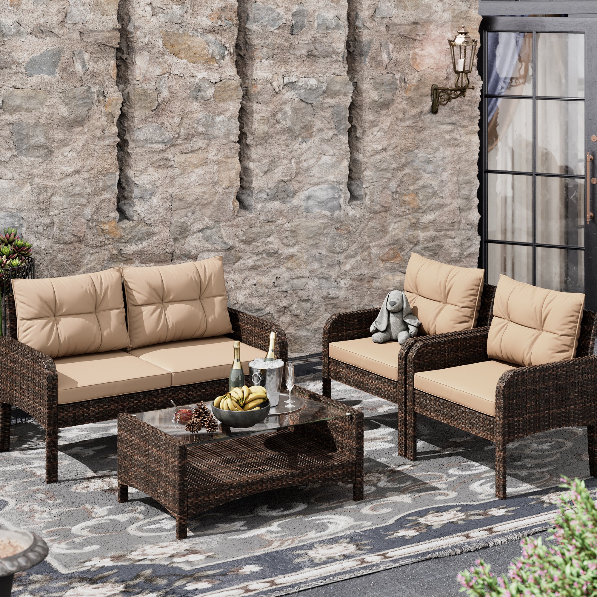 4 Pieces Rattan Sofa Set