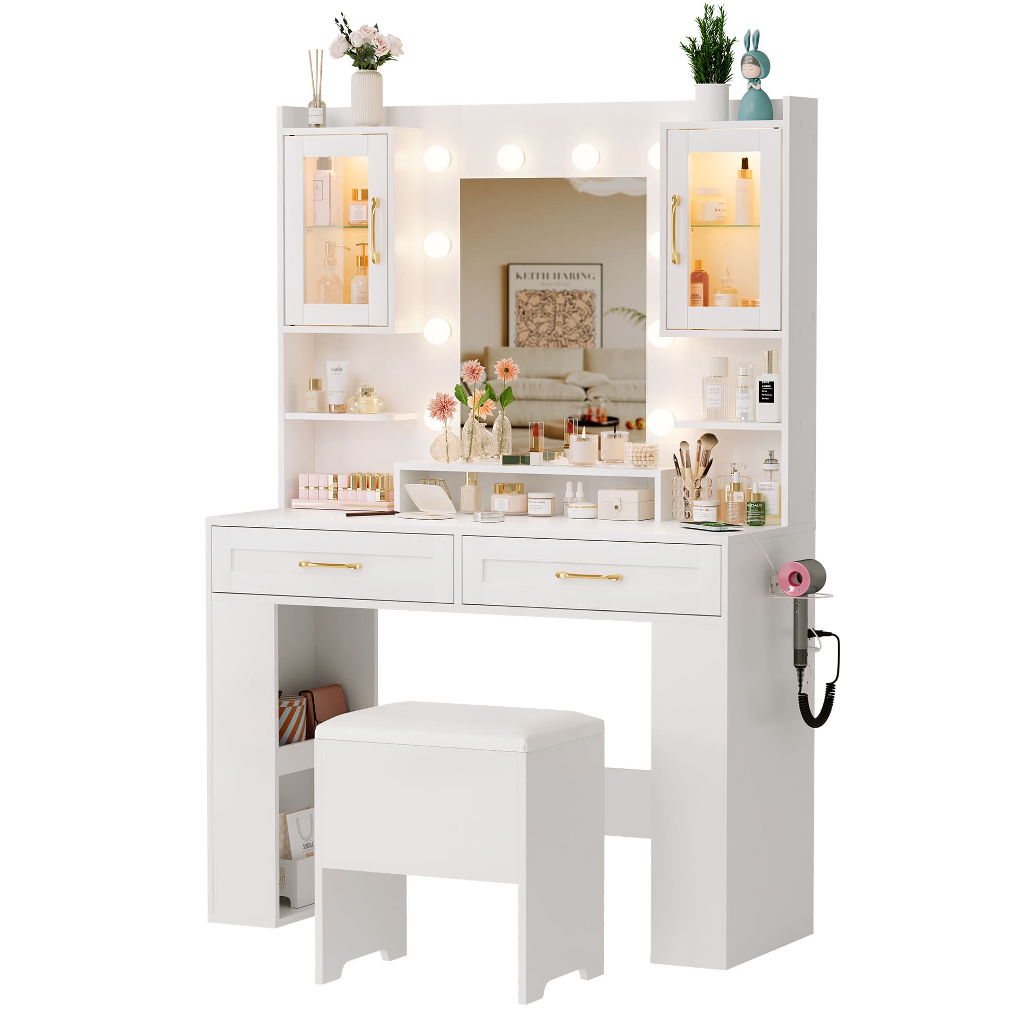 Makeup Vanity with Lighted Mirror Bedroom Vanity Desk with Charging Station Large Vanity Set with Transparent Desk, Drawers, Cabinet, Shelves for Storage in Bedroom